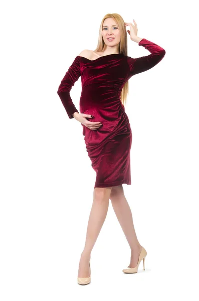 빨간 드레스 흰색 절연에 꽤 임신한 여자 — 스톡 사진