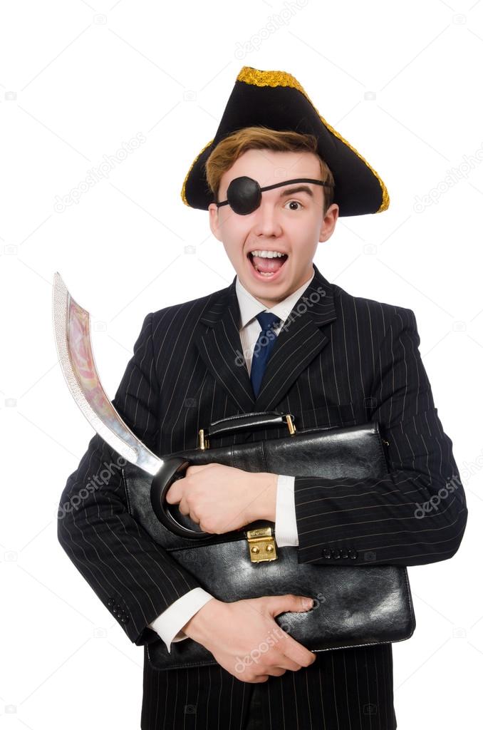 Young man in costume with pirate hat isolated on white