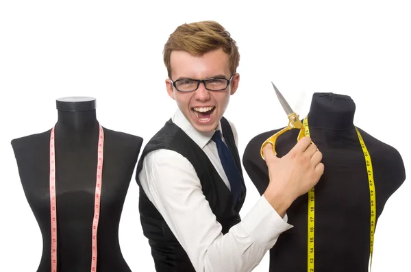 Jonge mannelijke kleermaker geïsoleerd op wit — Stockfoto