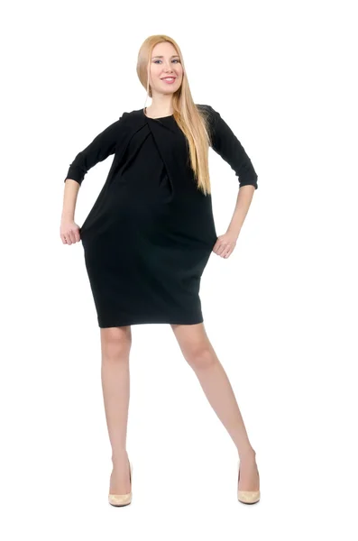 Ganska gravid kvinna i mini svart klänning isolerad på vit — Stockfoto