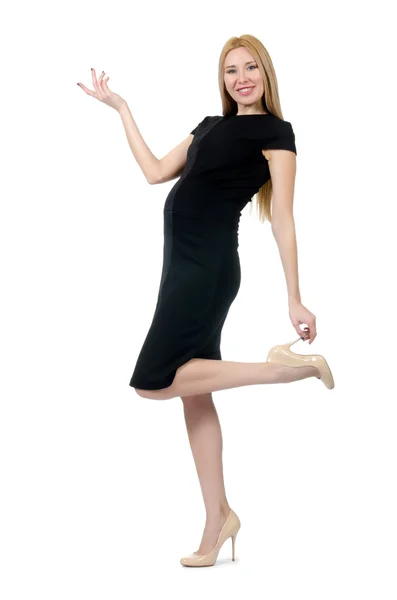 Hübsche schwangere Frau in schwarzem Kleid isoliert auf weißem Grund — Stockfoto