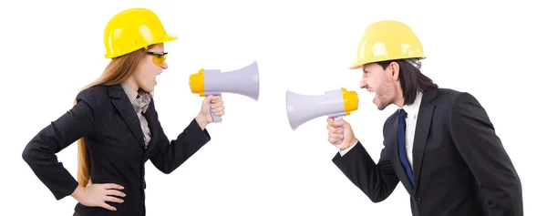 Man with helmet and loudspeaker on white — Stock Photo, Image