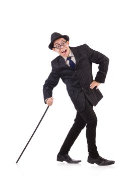 Çizgili takım elbiseli komik bir beyefendi beyazın üzerinde yalnız.