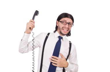 İşadamı ile üzerine beyaz izole telefon