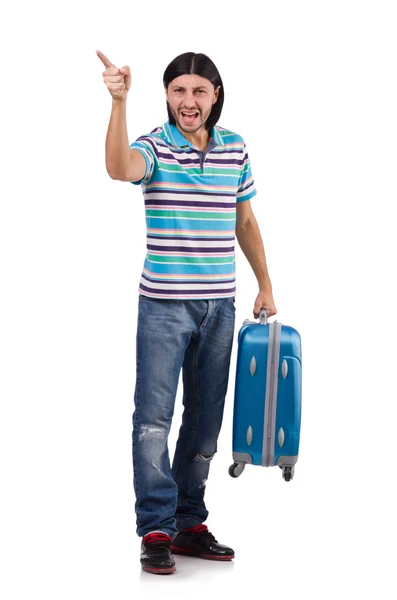 Young man with suitcase isolated on white — Stock Photo, Image