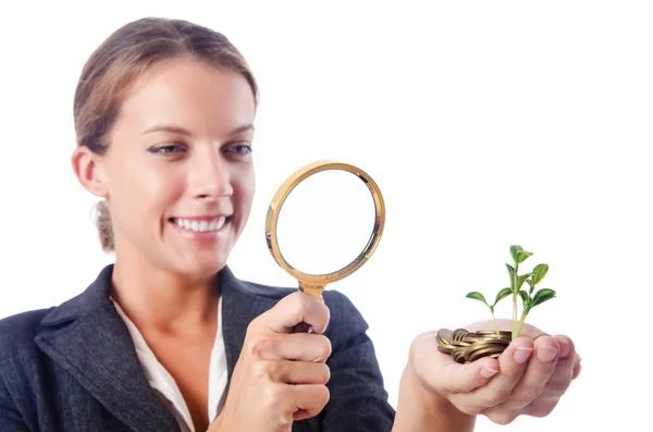 Business lady with magnifying glass — Stock Photo, Image