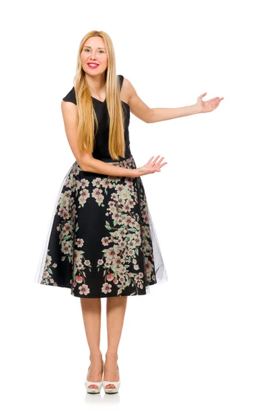 Woman in floral dark skirt isolated on white — Stock Photo, Image