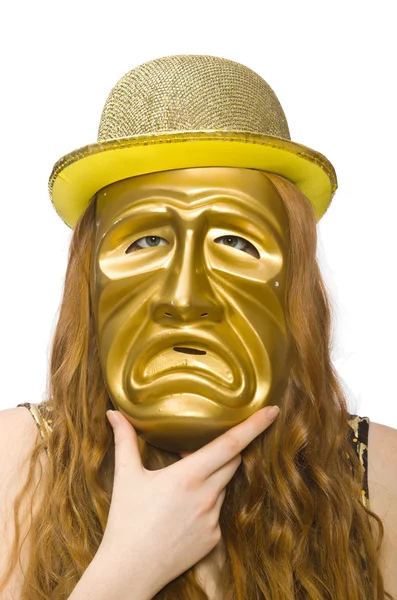 Mädchen in goldener Maske isoliert auf weiß — Stockfoto