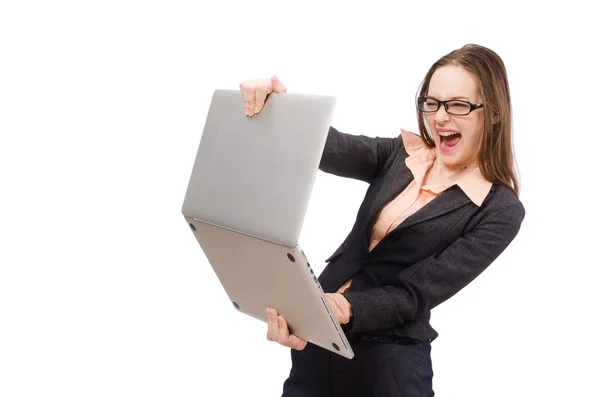 Senhora de trabalho com laptop isolado no branco — Fotografia de Stock