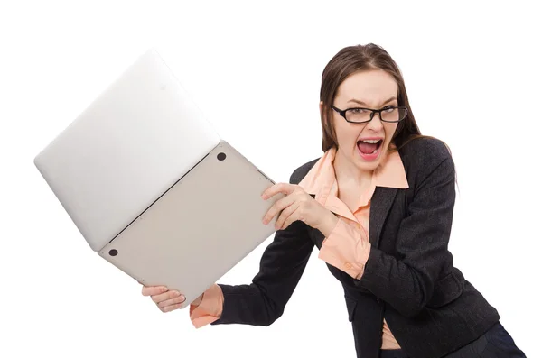 Señora trabajadora con portátil aislado en blanco —  Fotos de Stock