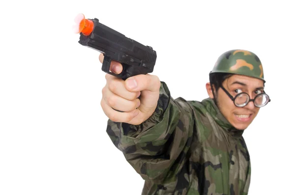 Uomo militare con pistola giocattolo — Foto Stock