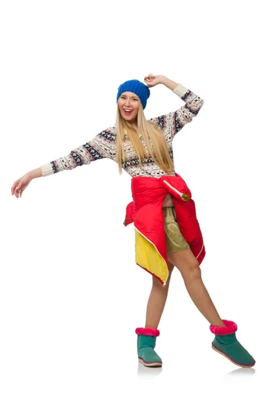 Een meisje in heldere winterkleding geïsoleerd op wit — Stockfoto