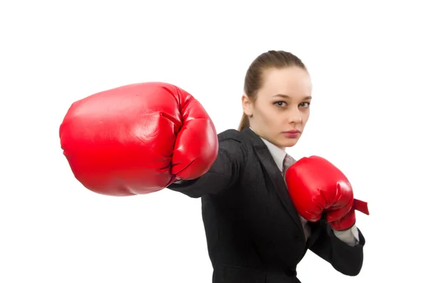 Geschäftsfrau mit Boxhandschuhen isoliert auf weiß — Stockfoto