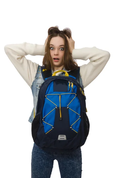 Menina bonita com mochila isolada no branco — Fotografia de Stock