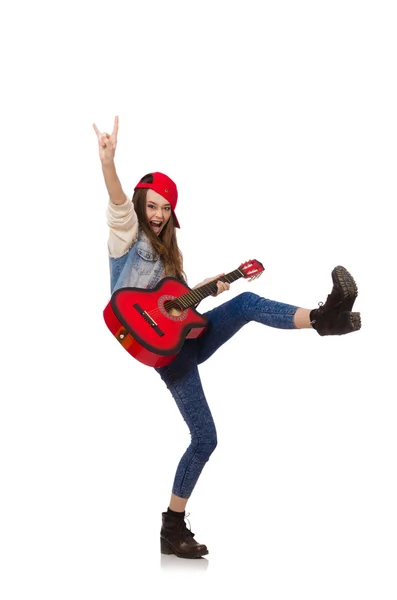 Menina sorrindo jovem com guitarra isolada no branco — Fotografia de Stock