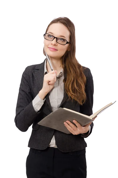 Werkster met papier geïsoleerd op wit — Stockfoto