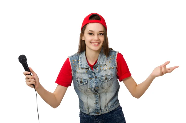 Pretty girl sings karaoke isolated on white — Stock Photo, Image