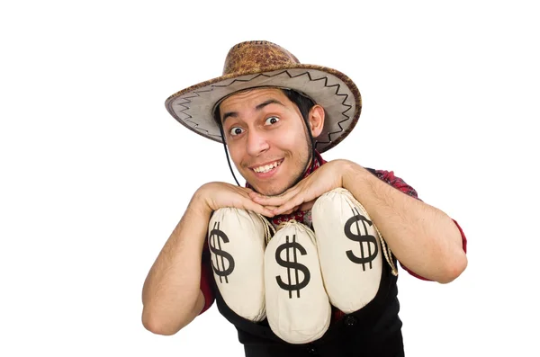 Giovane cowboy con sacchetti di denaro isolato su bianco — Foto Stock