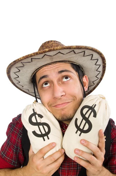 Giovane cowboy con sacchetti di denaro isolato su bianco — Foto Stock