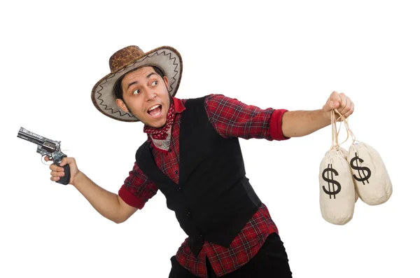 Young cowboy with gun and money bags isolated on white — Stock Photo, Image