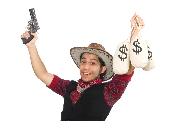 Young cowboy with gun and money bags isolated on white — Stock Photo, Image