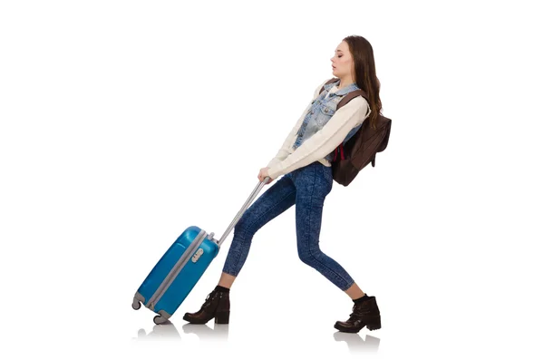 Young smiling girl with bag isolated on white — Stock Photo, Image