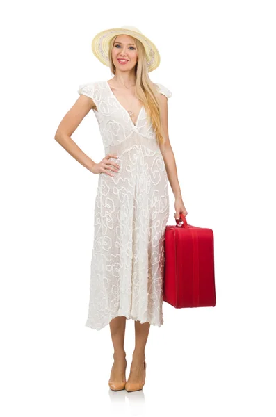 Frau mit rotem Koffer — Stockfoto