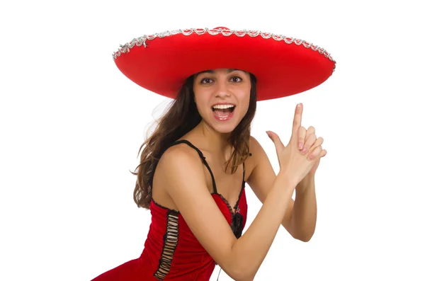 Woman wearing red sombrero isolated on white — Stock Photo, Image