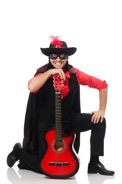 Joven con abrigo de carnaval con guitarra aislada en blanco —  Fotos de Stock