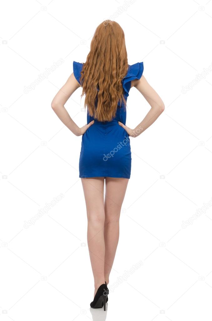 Beautiful lady in dark blue dress isolated on white