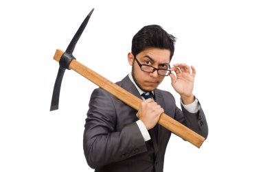 Genç işadamının elinde beyaz bir alet var.