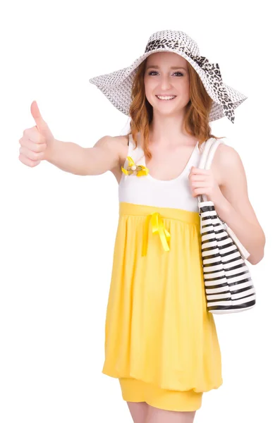 Jovem mulher em vestido de verão amarelo isolado no branco — Fotografia de Stock