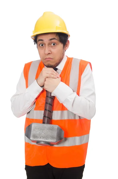 Bauarbeiter mit Hammer auf weiß isoliert — Stockfoto
