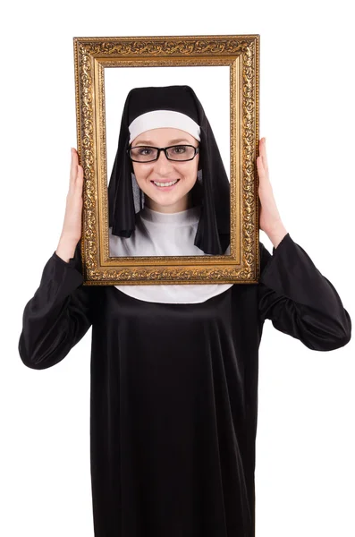 Young nun with frame isolated on white — Stock Photo, Image