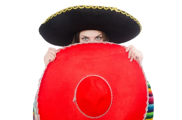 Vrij Mexicaans meisje in levendige poncho geïsoleerd op wit — Stockfoto