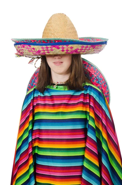 Bella ragazza messicana in poncho vivido isolato su bianco — Foto Stock