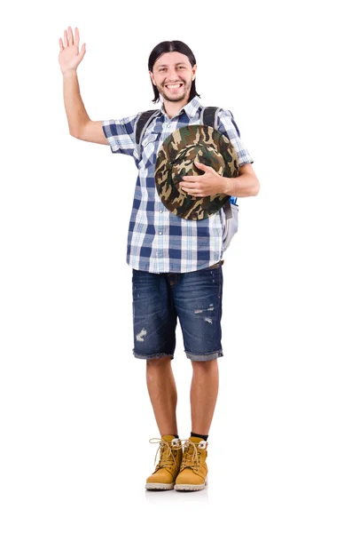 Young traveler with rucksack isolated on white — Stock Photo, Image