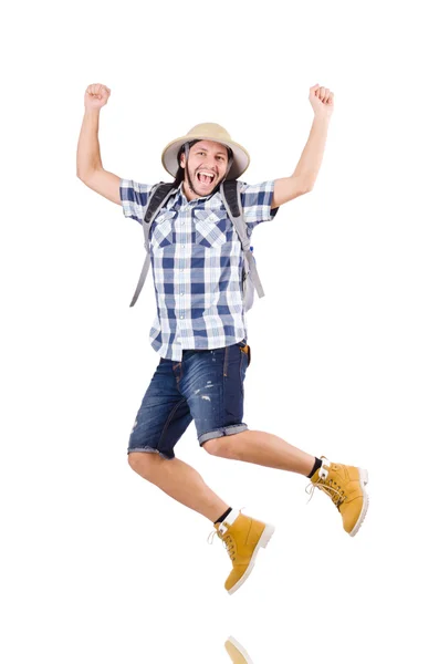 Viajero joven con mochila aislada en blanco — Foto de Stock