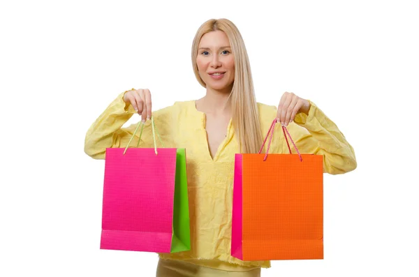 Mulher bonita no verão roupas amarelas isoladas no branco — Fotografia de Stock