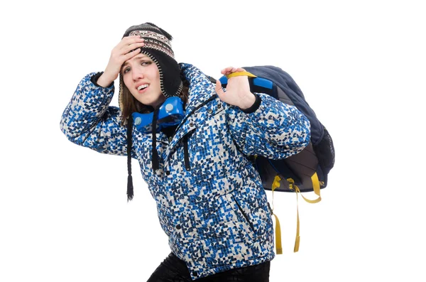 Menina otimista jovem com mochila isolada em branco — Fotografia de Stock