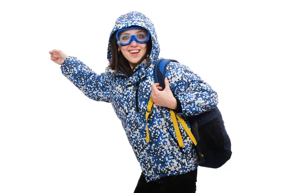 Menina otimista jovem com mochila isolada em branco — Fotografia de Stock