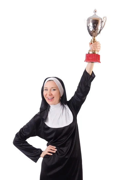 Nun holding winner cup — Stock Photo, Image