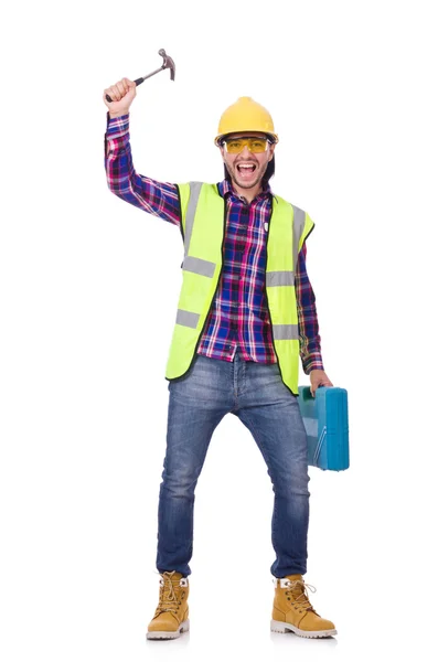 Joven trabajador de la construcción con caja de herramientas aislada en blanco —  Fotos de Stock