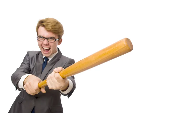 Jeune homme d'affaires avec batte de baseball isolé sur blanc — Photo