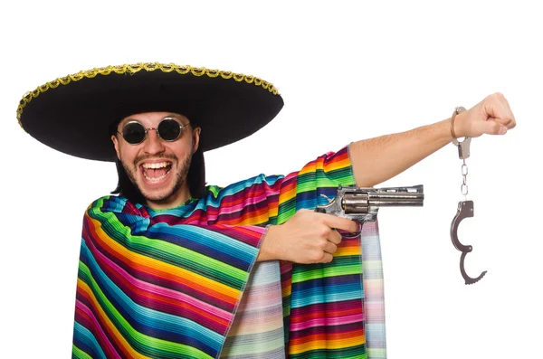 Mexican in vivid poncho holding gun isolated on white — Stock Photo, Image