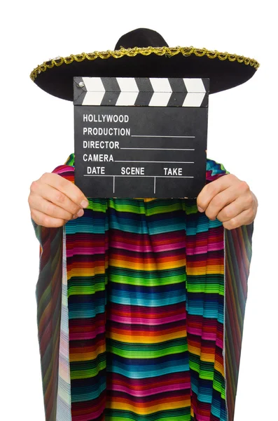 Hombre guapo en poncho vívido sosteniendo clapperboard aislado en blanco —  Fotos de Stock