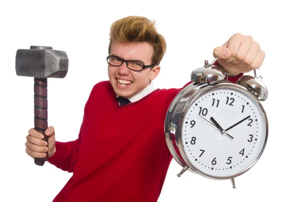 Estudiante con reloj despertador aislado en blanco — Foto de Stock
