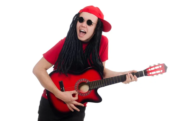 Niño positivo con guitarra aislada en blanco — Foto de Stock