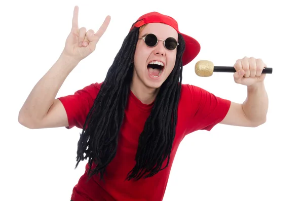 Garçon positif avec microphone isolé sur blanc — Photo