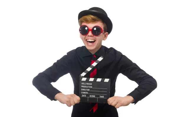Positive boy with clapper board isolated on white — Stock Photo, Image
